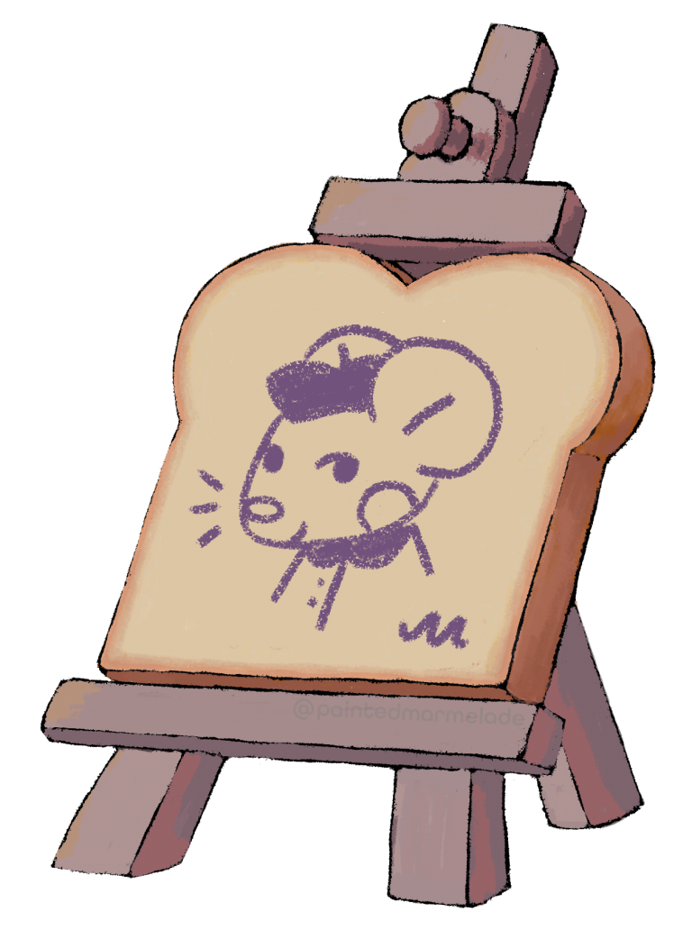 Eine Scheibe Toastbrot als Leinwand auf einer Staffelei mit einem Portrait einer Maus