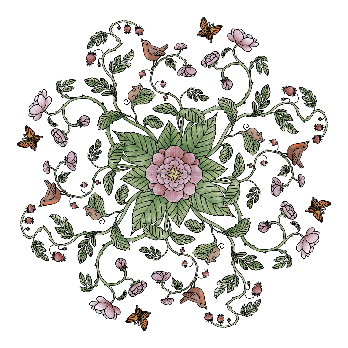 Ausmalmotiv mit Rosen und Tieren