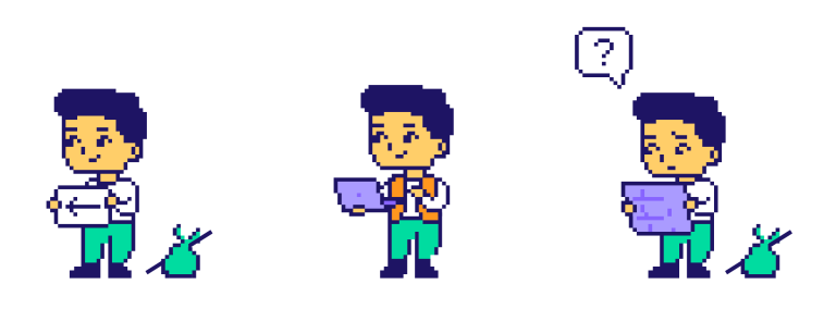 Pixelillustrationen einer Figur in verschiedenen Posen